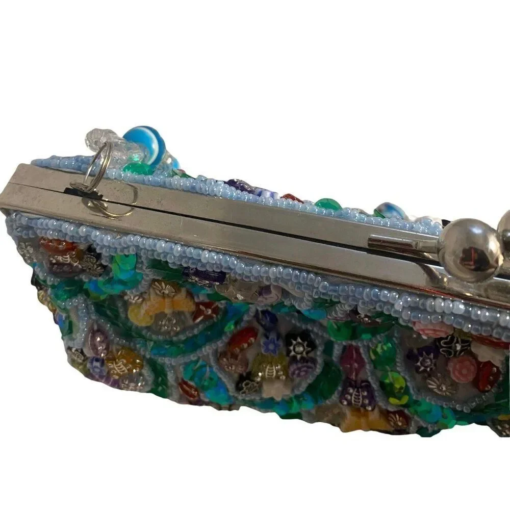 #4668 Blue clutch handbag ornate beaded sequin purse